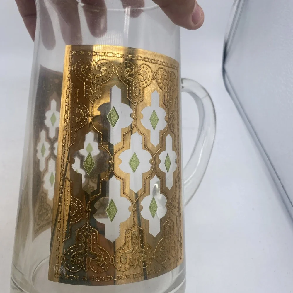 VTG MCM Culver Valencia  22k Gold Tumblers 5 Pc Glasses & Pitcher Barware Set